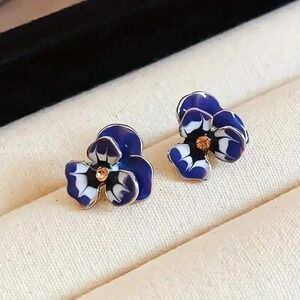 Floral Flower Pansy Stud Earrings Cobalt Blue White Enamel Cute Jewelry